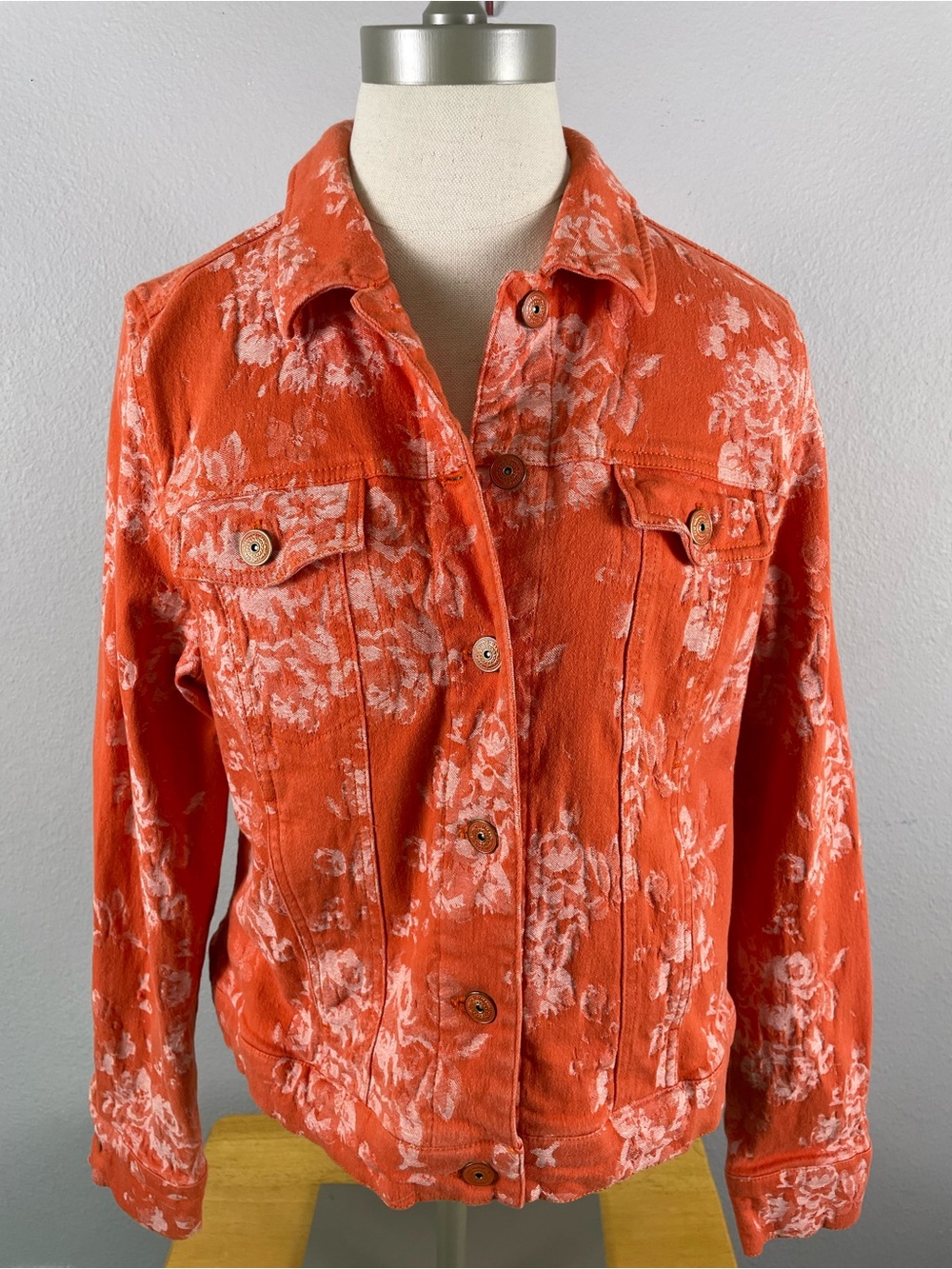 Isaac Mizrahi Live! Orange Floral Cotton Denim Jacket Size 14